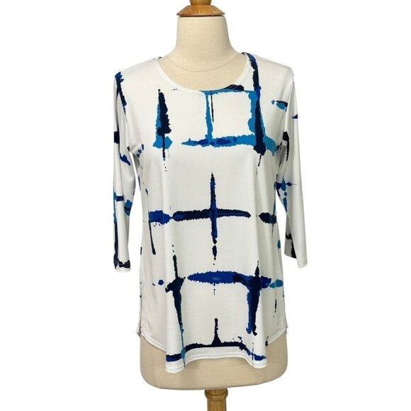 Sympli White Tunic Top Blue Artsy Print Slinky Knit Jersey Stretch Artsy Size 6 - Picture 7 of 8